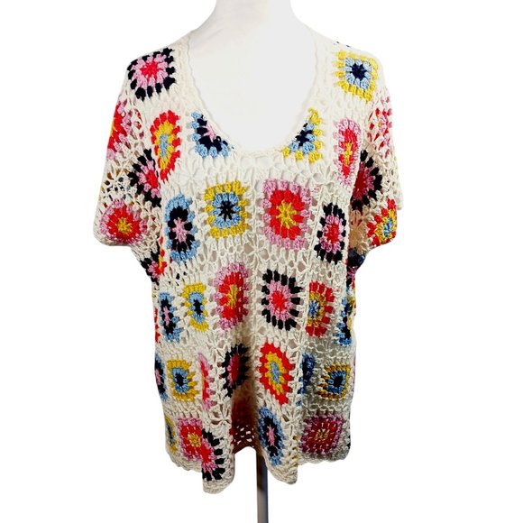 Staccato, Crochet Patchwork Top, Small, Beachy Cover Up, Colorful, Boho, Hippie - Picture 1 of 10